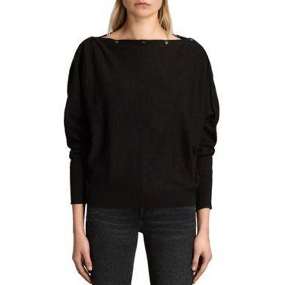 NWT AllSaints Elle Jumper Sweater Womens L‎ Black Boat Neck Snap Pullover Cozy